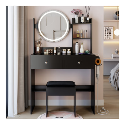 17" Round LED Mirror Vanity Table+Cushioned Stool, Equipped With 2 AC+2 USB Power Socket, Big Mirror, Touch Switch, 3 Colors, Adjustable Brightness, Large Desktop, Multi-Layer High Capacity Storage