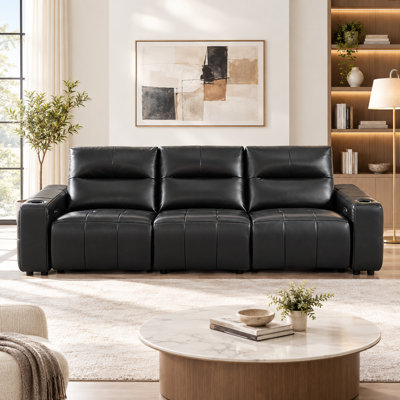Canapé d'angle inclinable électrique double en cuir véritable de 113,4 pouces, design zéro gravité près du mur, avec ports USB et porte-gobelets