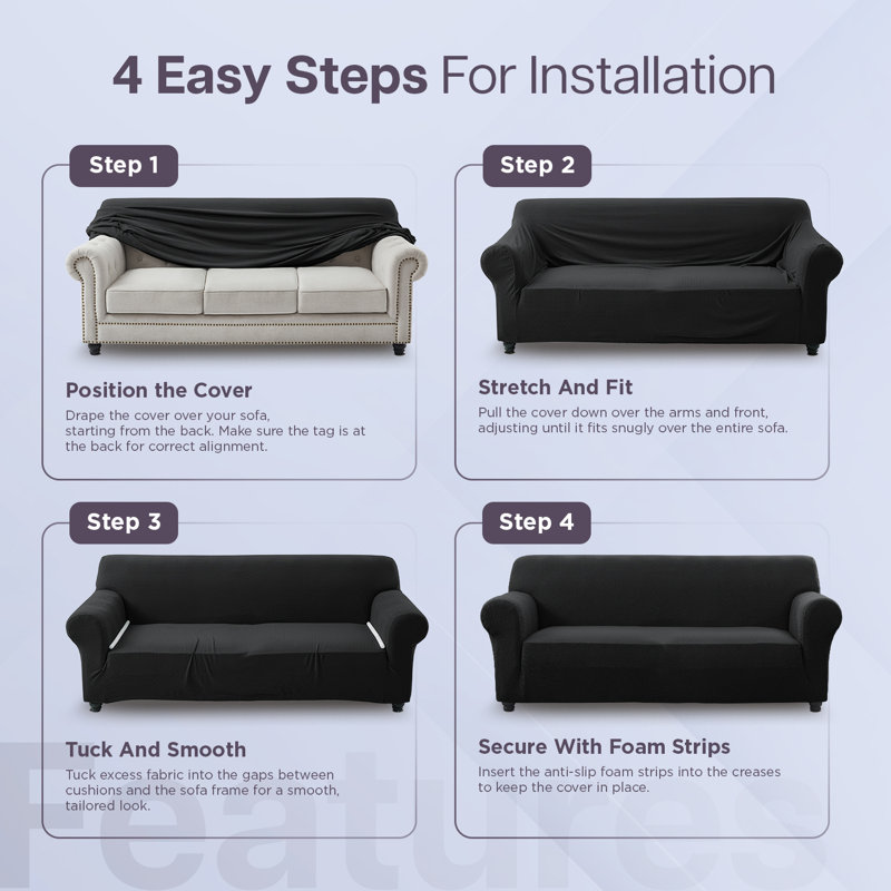 Durable Spandex Stretch Sofa Cover - Jacquard Pattern Sofa Slipcover & Furniture Protector, Black