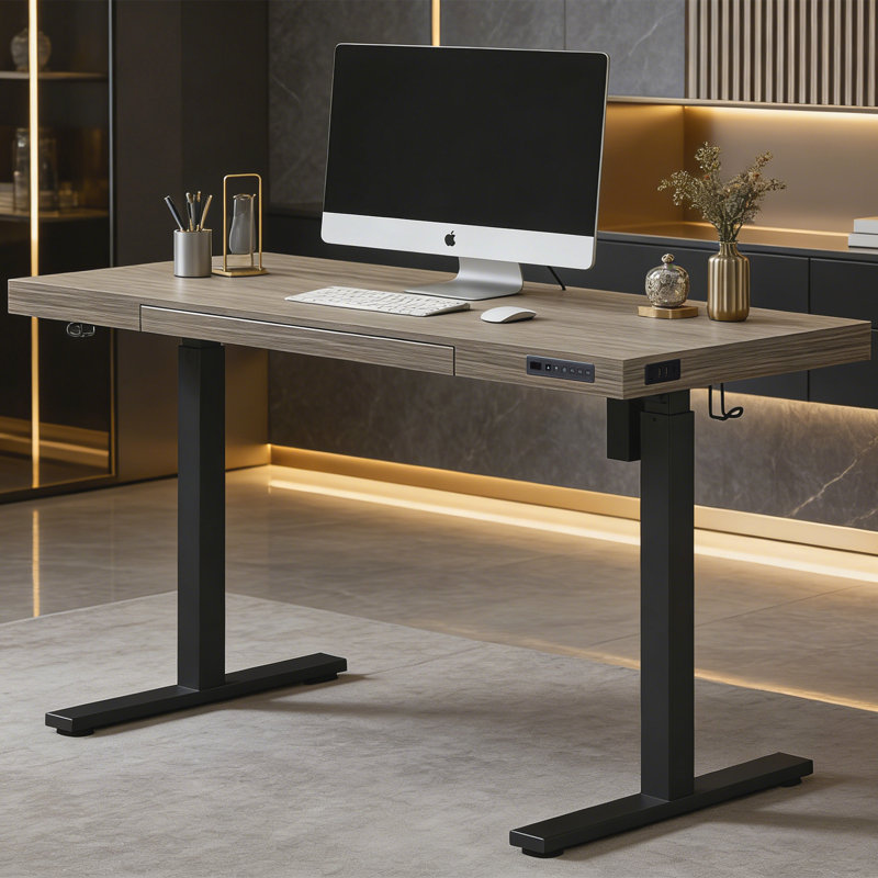 Bureau debout à hauteur ajustable Gooitsen, Chêne gris / Noir, 55" H x 54.3" W x 23.6" D