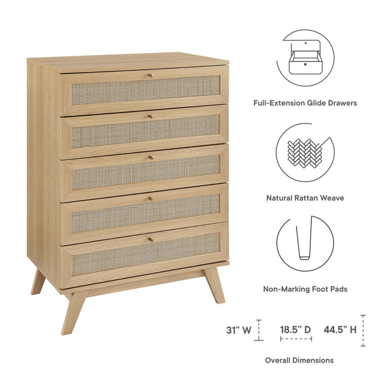 Soma Oak 5-Drawer Chest with Rattan Weave and Splayed Legs