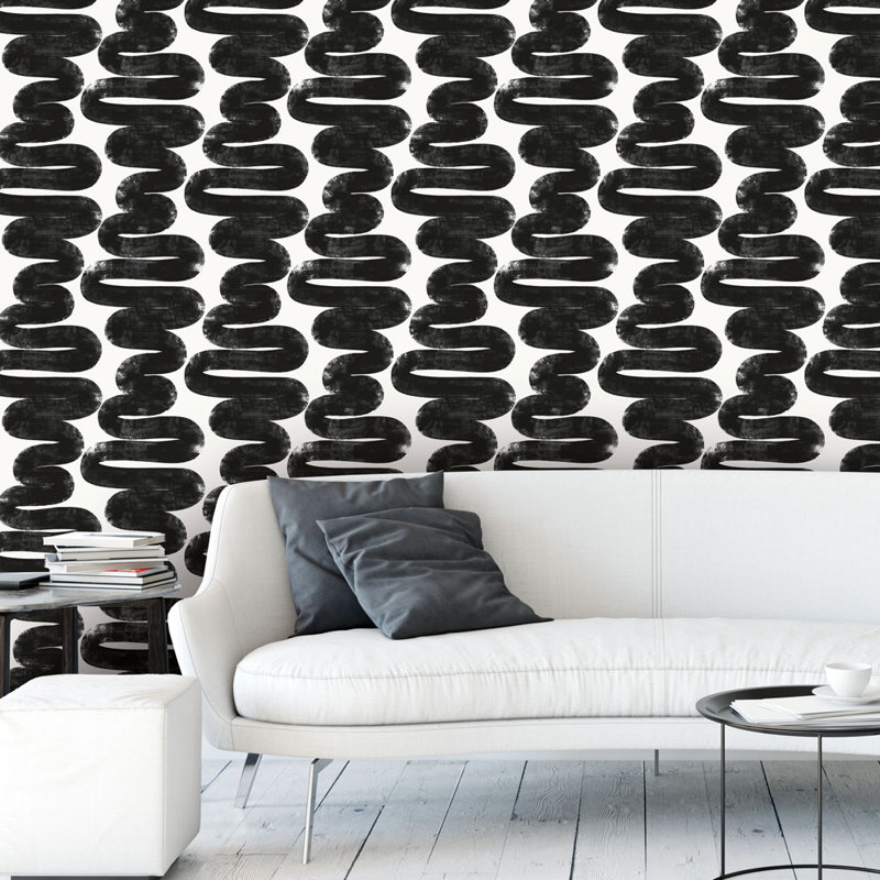 Abstract Vinyl Peel & Stick Wallpaper Roll by Bobby Berk, Black/White, 16.5" L x 20.5" W