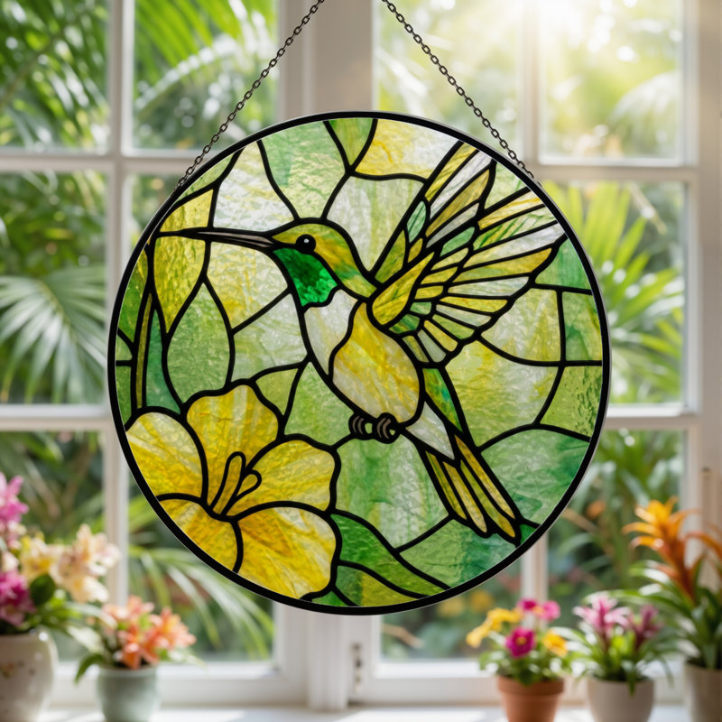 12"H Hummingbird Flower Stained Glass Window Panel, 12" H x 12" W