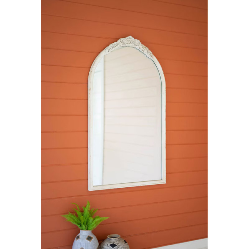 LARGE ARCHED WOOD FRAMED MIRROR WITH CARVED DETAIL