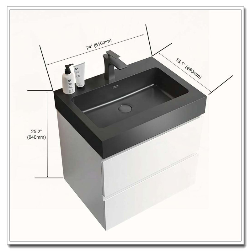 Meuble-lavabo mural flottant avec évier biseauté pré-assemblé, Noir, 24", Blanc