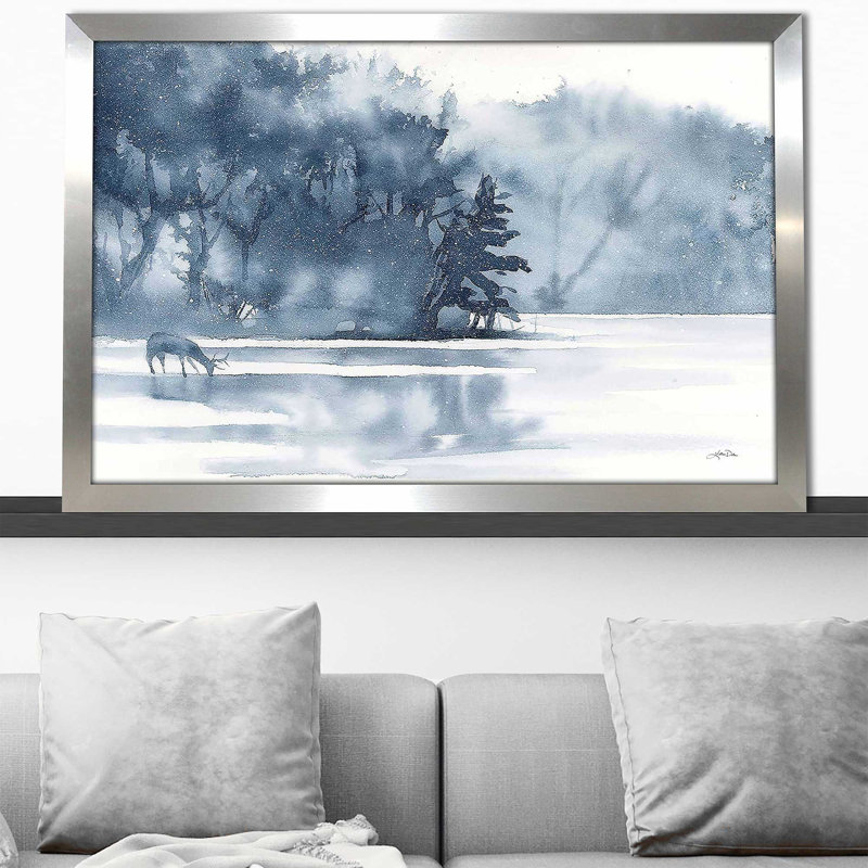 «Winter Lake» par Katrina Pete - peinture, Encadrement argenté, H 33,5 po x l 49,5 po x P 1 po