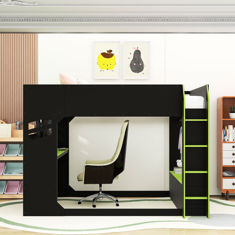 Lit mezzanine avec bureau à hauteur réglable, lumières RVB, tiroirs et tringle, Vert