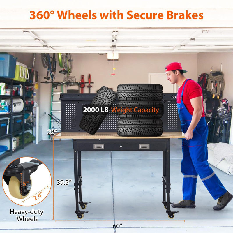 Établi 48 po x L 24 po avec plateau en bois d'hévéa robuste et réglable, capacité de 2 200 lb, bancs roulants pour garage et atelier