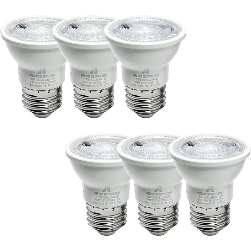 Reno fournit 6 ampoules à DEL Par16, à intensité variable, 6 W, 450 lm, des projecteurs à DEL (équivalent à une ampoule halogène de 50 W), des ampoules à DEL, un éclairage encastré, une base à vis E26