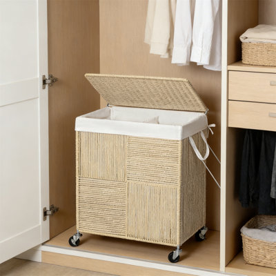 Dual-Layer Laundry Cart With Lid – Handwoven Rolling Hamper, 115L Large Capacity With Removable Liner