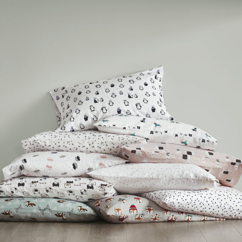 Full Gray Cotton Flannel Penguin Print Sheet Set