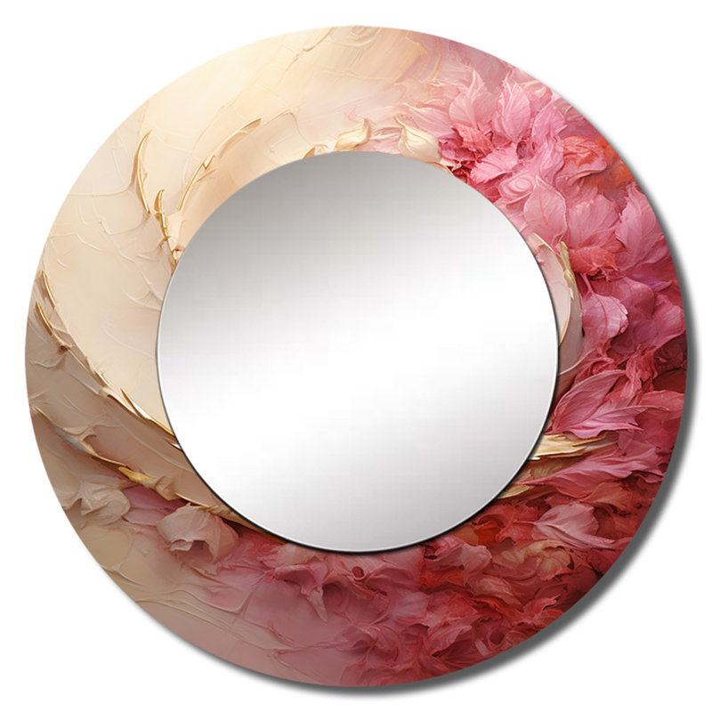 Beige rose minimaliste Spiral Poteries II - miroir décoratif spirales abstraites, miroir mural rond beige, impression d'art en métal