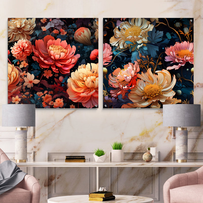 «Peach Farmhouse Flowers Serenity», ensemble de 2 impressions murales en acrylique sur verre, H 16 po x l 33 po