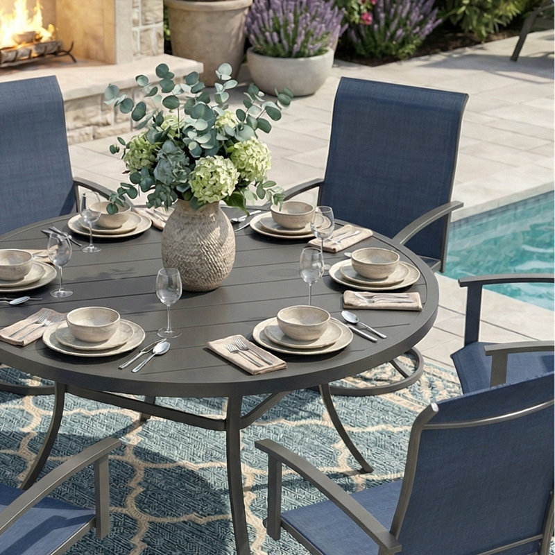 6-Person Patio Dining Set With Swivel Chairs, Black/Blue