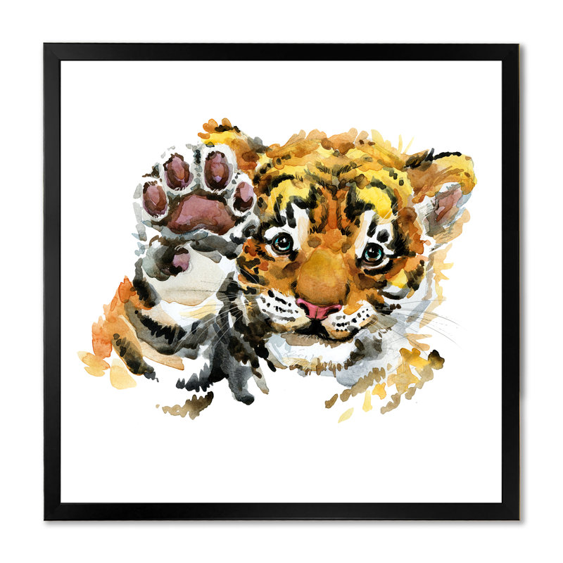 Illustration d'un mignon petit tigre - sur, Impression noire sur toile encadrée, H 16 po x l 16 po x P 1 po