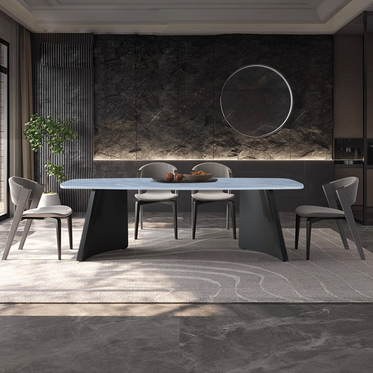 Luxury Rectangle Dining Table - Snow Mountain Durable Stone Surface with Gunmetal Base