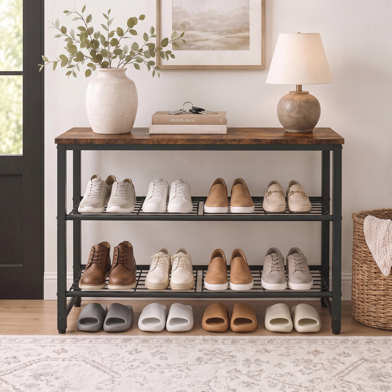 Shoe Rack Metal and Wood Design Space Saving Large Capacity Organizer for Closet Entryway Bedroom Living Room, 18.4" H x 29.5" W x 11.4" D, Brown