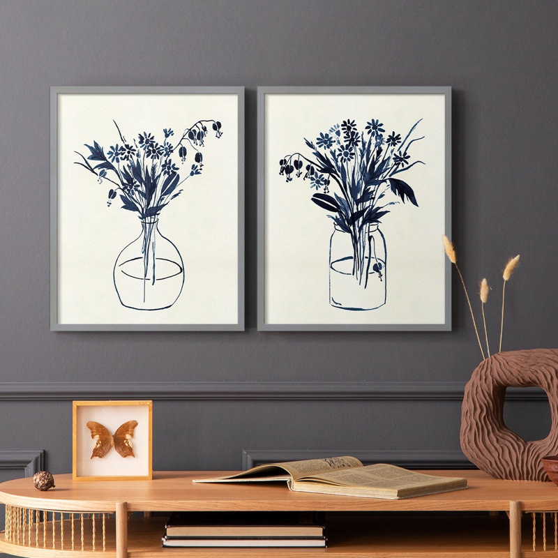 Vase floral indigo I - impression encadrée de qualité supérieure - prêt à être accroché - aucun clou requis - aucun clou requis