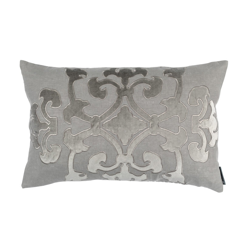 Gray Linen and Velvet Appliqué Rectangular Lumbar Pillow