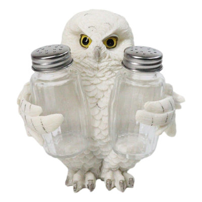 Wisdom Of The Woods Snowy White Owl Salt and Pepper Shakers Holder Set 5.5"H