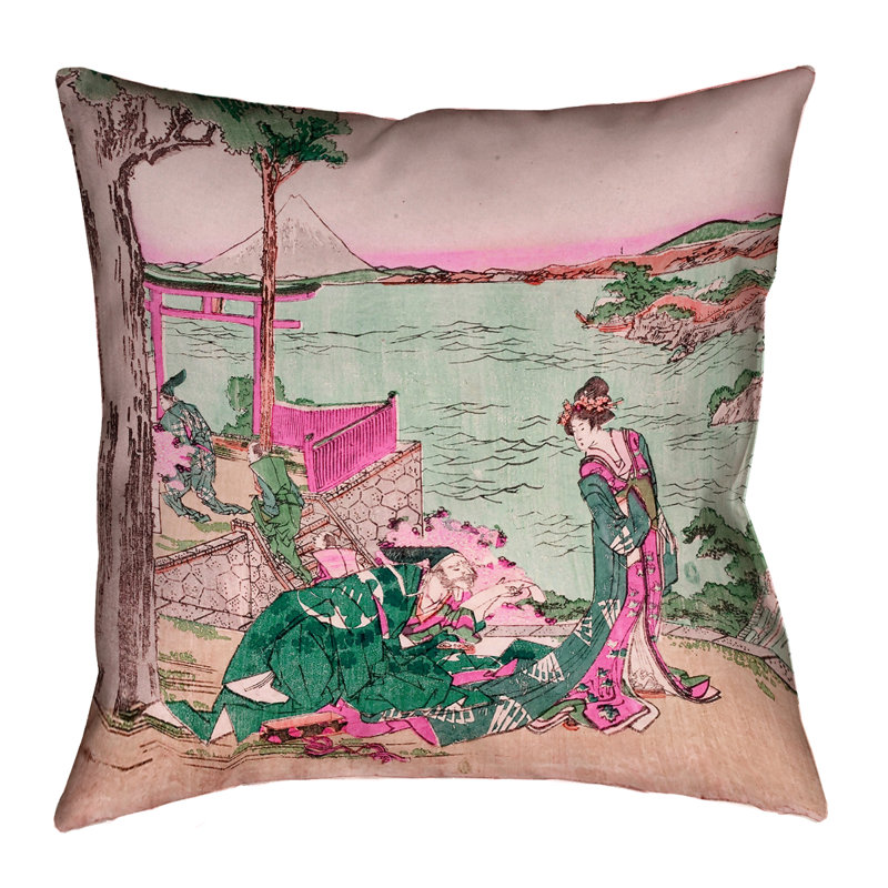 Coussin Katsushika Hokusai, 14 po x 14 po, Vert et rose