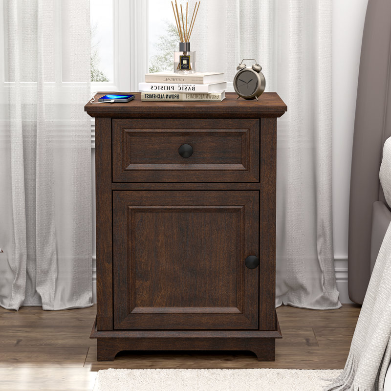 Azella 1-Drawer Frame End Table Set with Storage and Built-In Outlets, Cherry