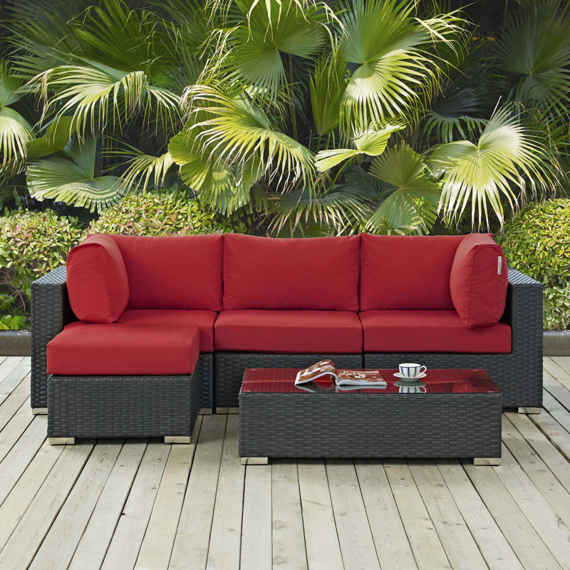 Ensemble modulaire d'extérieur Modway Sojour Wicker Ratta, Toile Sunbrella® rouge Jockey