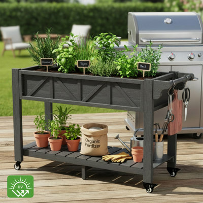 Boîte à fleurs mobile en plastique et en bois composite avec roues à 360 °, poignée ergonomique, trous de drainage et finition résistante aux intempéries - idéale pour la terrasse, le balcon ou le jardin