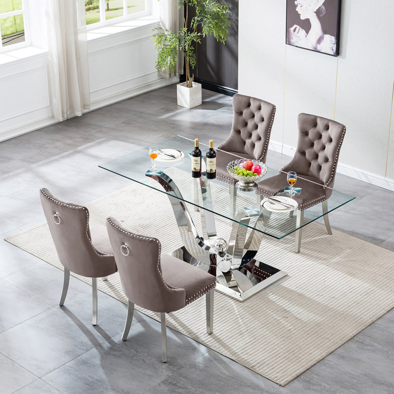 Glass Dining Table Set, Dining Table with Velvet Dining Chairs, 70" Glass Dining Table Set, Kitchen Table and Chairs with Stainless Steel Base for Kitchen Dining Room