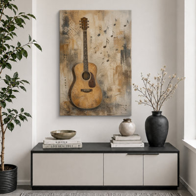 Guitare acoustique sépia avec notes flottantes