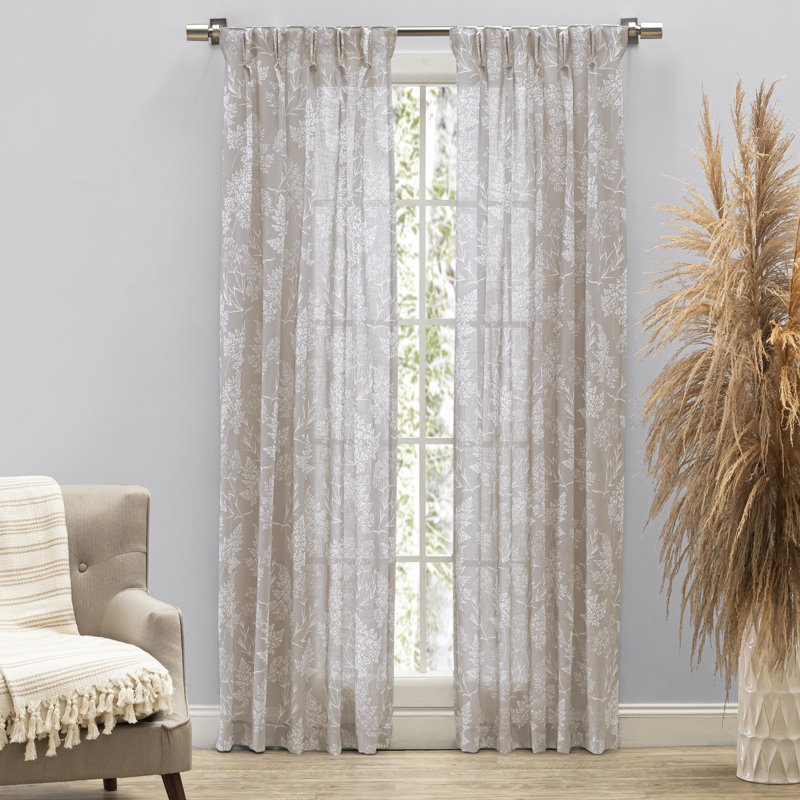 Alston Wildflower Floral Semi-Sheer Pinch Pleat Pairs with Back-tabs, 25" W x 108" L, Linen