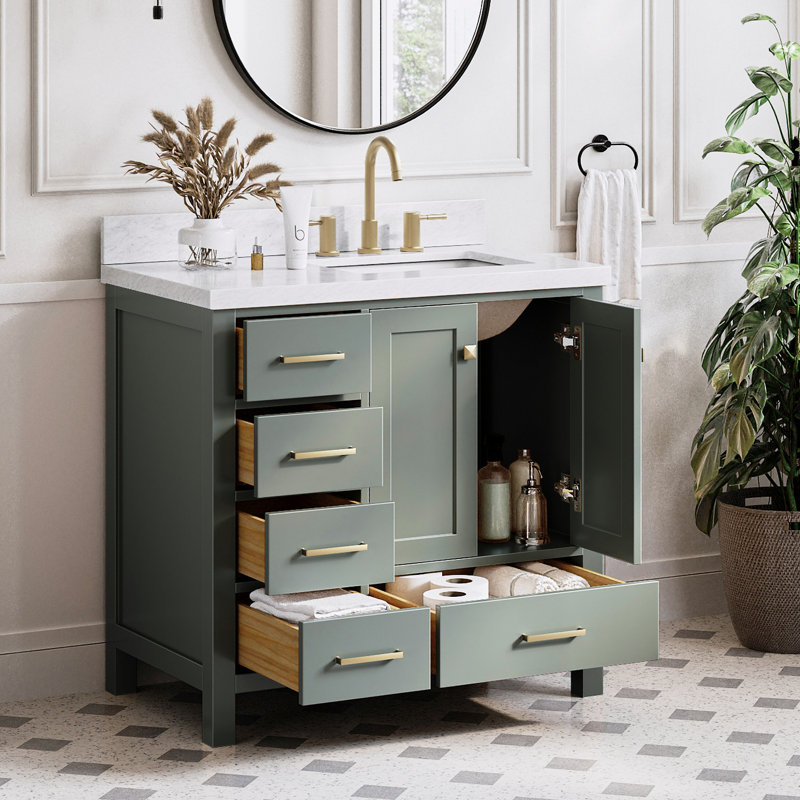 Cambridge 37'' W Single Vanity, Carrara Marble, Vintage Green, Rectangular