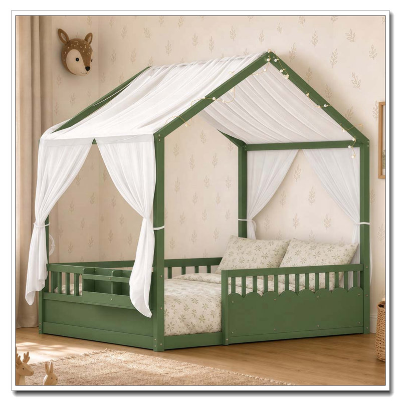 Lit pour enfants Montessori, structure de lit à baldaquin en bois avec barrières de sécurité et porte, guirlande lumineuse et bibliothèque intégrées, lit à profil bas, aucun sommier nécessaire