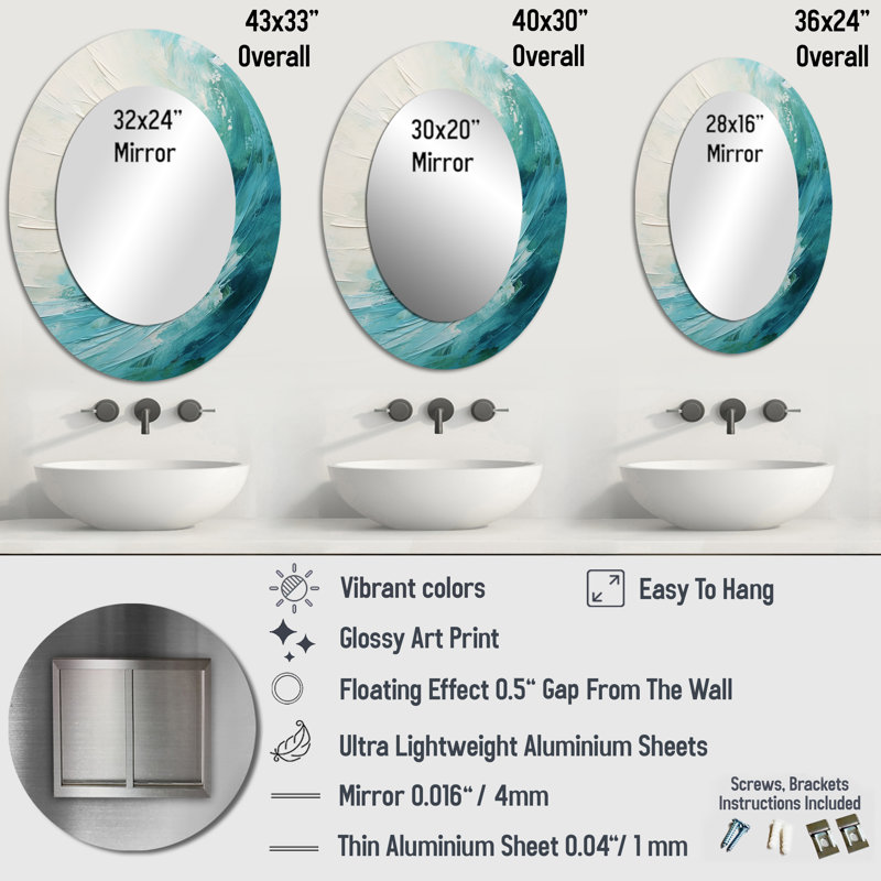 Grand miroir mural ovale en métal Teal Twist Tranquility Spiral, 36 po x 24 po