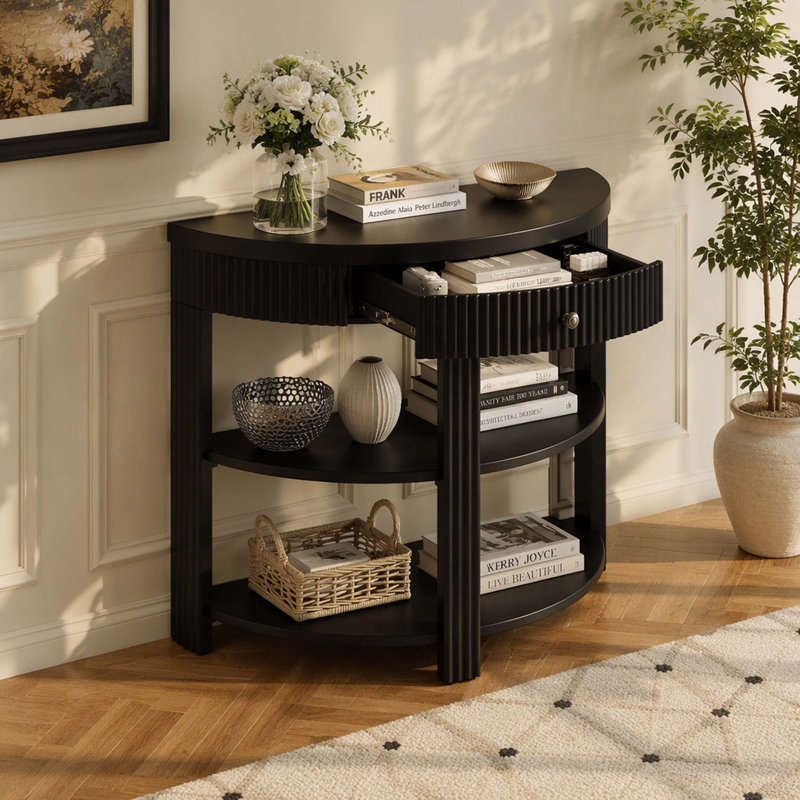 Console demi-lune noire cannelée avec tiroir et 2 étagères de rangement ouvertes, table d'appoint décorative pour entrée, couloir, salon