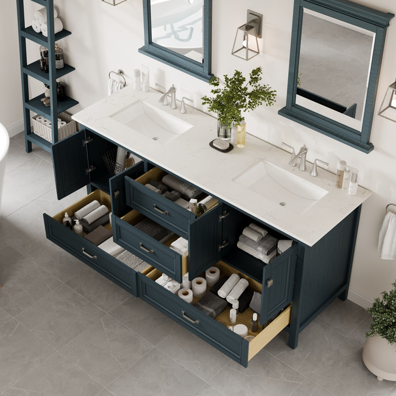 Ensemble de meuble-lavabo double 84 po Didomenico, Bleu cendré, Quartz - blanc de Carrare