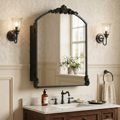 26" X 20" Arched Baroque Metal Medicine Cabinet with Mirror and Removable Ornaments