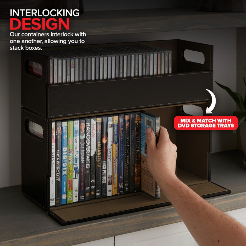 DVD Storage Box, Movie Shelf Organizer For Blu-Ray, Video Game Cases, Cds, VHS Tape Display Stand, Faux Leather, Gray/Espresso