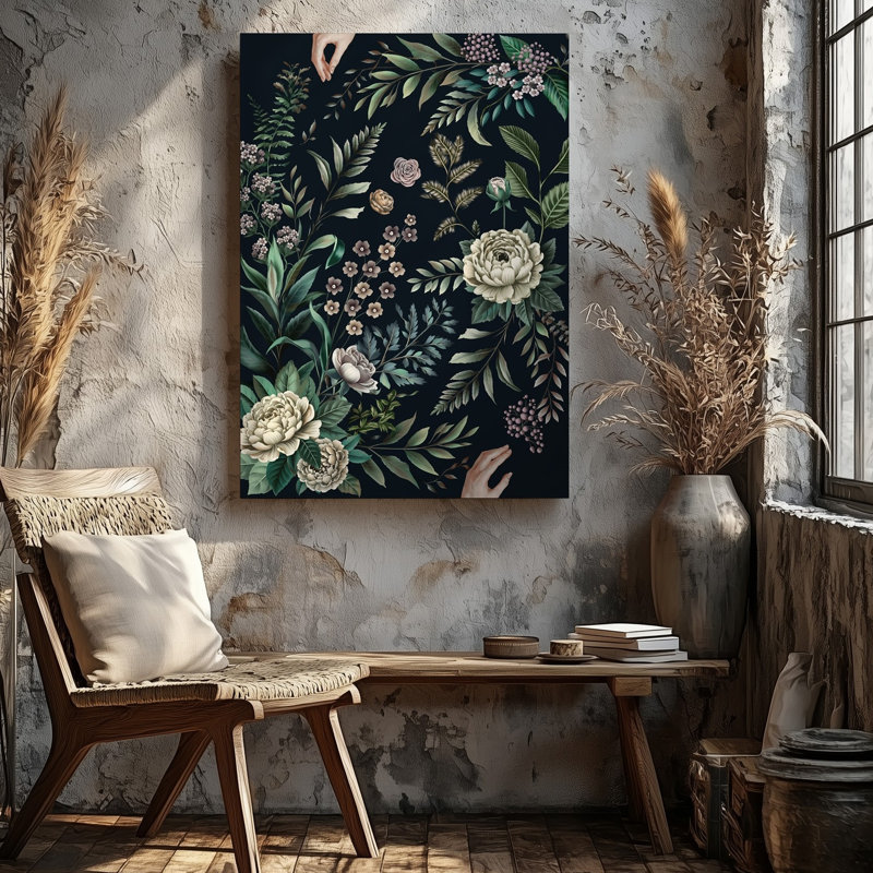 Toile une illustration botanique richement détaillée avec un tableau de fleurs et de feuillages stylisés sur fond noir