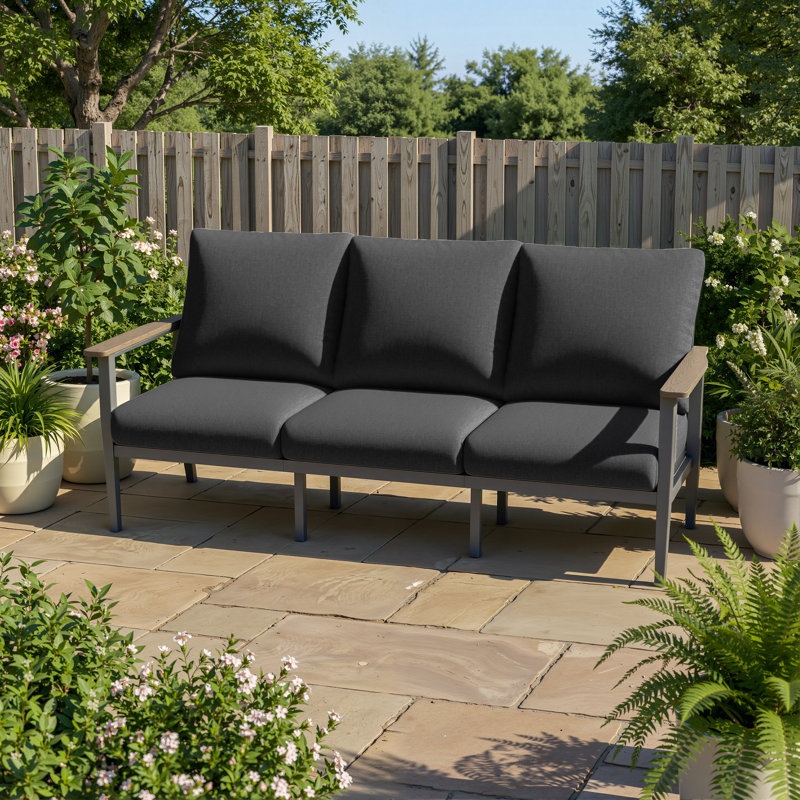 Canapé d'extérieur en aluminium de 78 po de largeur avec accoudoirs et coussins profonds en PEHD aspect bois, Noir