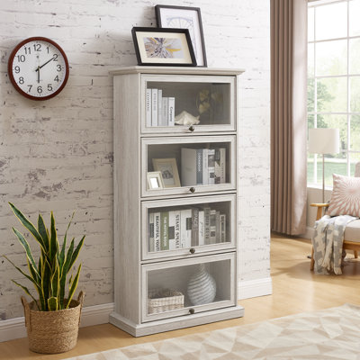 White 4-tier Glass Display Cabinet With Flip-up Doors, Curio Storage Showcase For Collectibles, Figures, And Books