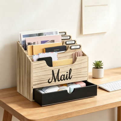 Organisateur de bureau en bois, comptoir organisateur de courrier avec compartiments et tiroir, trieur de support de courrier en bois pour dossier à dossiers, classeur de bureau en bois
