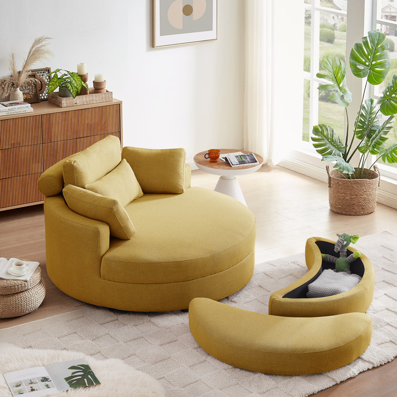 Dashton Upholstered Barrel Chair with Ottoman, Yellow Linen
