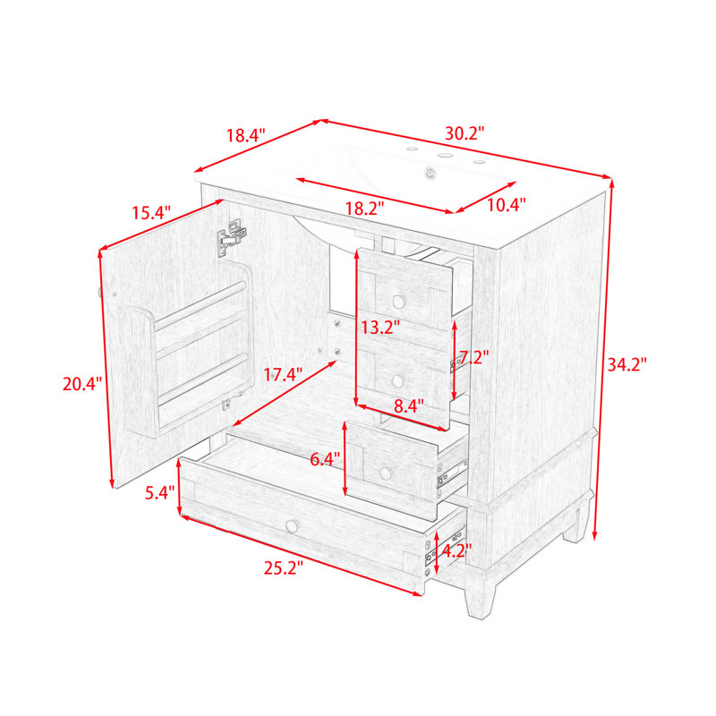 Meuble-lavabo de salle de bain avec lavabo en céramique, 3 tiroirs à fermeture en douceur et rangement de porte et conception à dossier ouvert