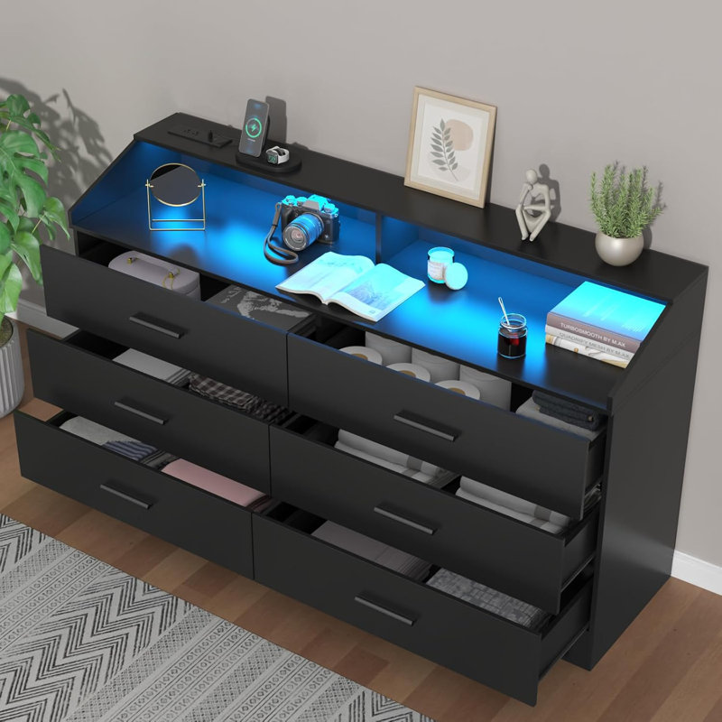 Vikky 6 Drawers Dresser with Power Outlet, Chest of Drawers with LED Light, Modern Dresser Organizer, Black