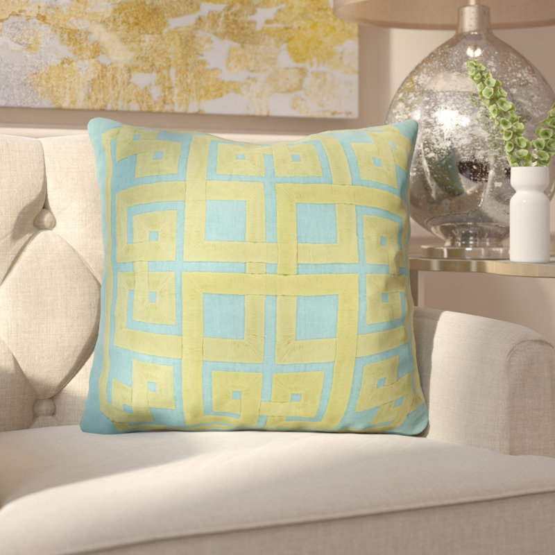 20" Yellow Geometric Embroidered Linen Throw Pillow