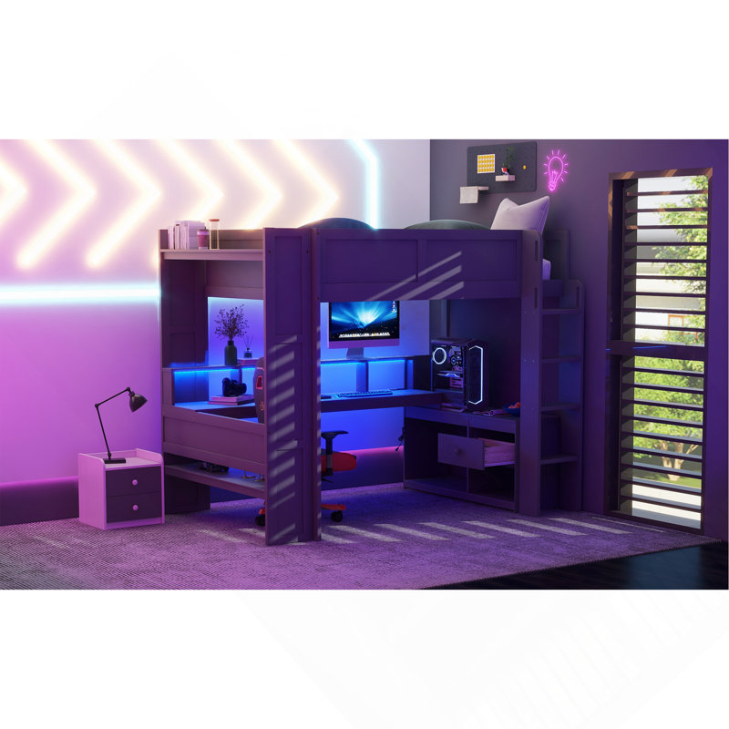 Lit mezzanine double en bois avec bureau, tablettes multiples, DEL et station de charge, Lit double