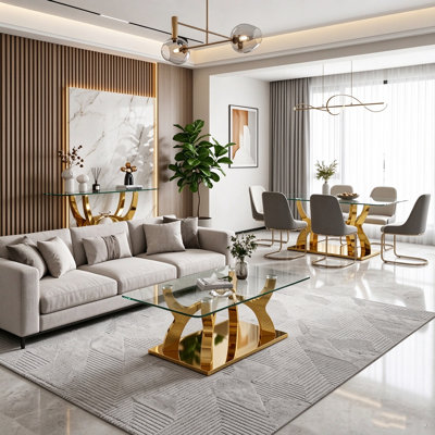 Modern Glam 3-Piece Glass Top Table Set Heavy-Duty Tempered Glass with Gold Stainless Steel Sculptural Base & Crystal Accent, Luxury Furniture Set