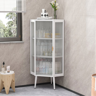 White 22.22'' Floor Corner Cabinet, Tempered Glass, 3 For Bedroom, Living Room, Bathroom, & Fashionable , Glass Doors, Modern Robust