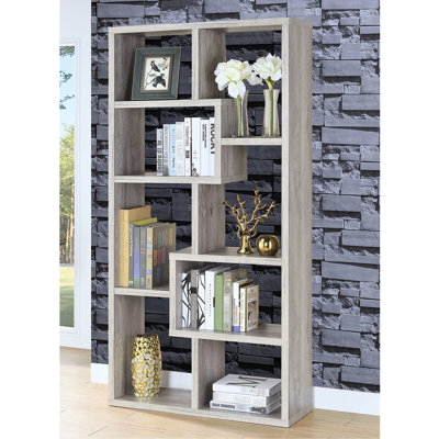 Bibliothèque grise à 10 tablettes en bois flotté gris, compartiments ouverts variés pour différents usages de rangement, bois d'ingénierie divers